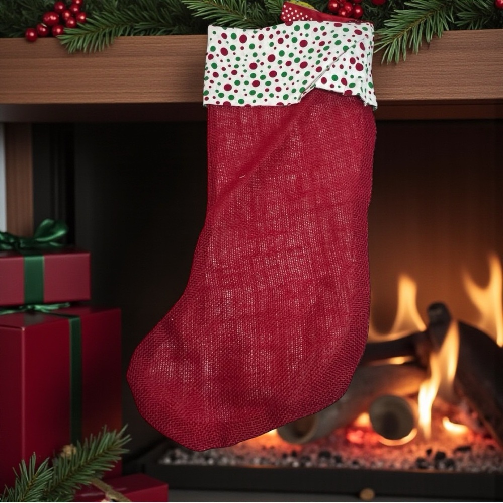 Christmas Stocking Red with Polka Dot Trim burlap hand crafted lined